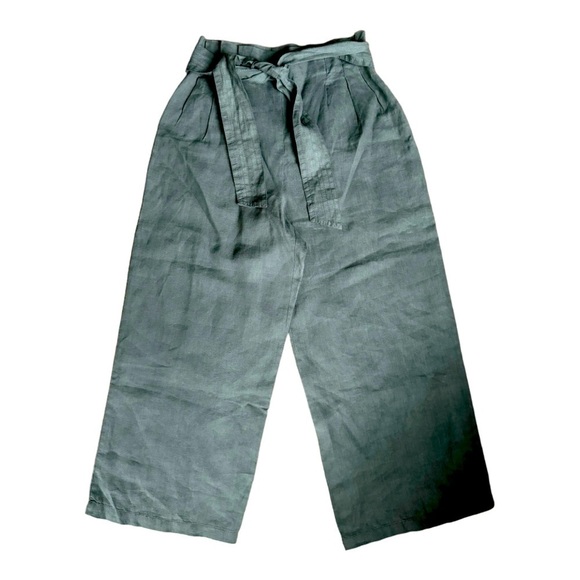 Zara Linen Tie Front Wide Leg Crop Pants Green Size XS - Picture 1 of 8